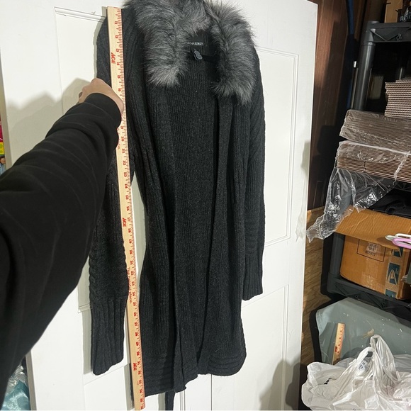 Cynthia Rowley Belted Cardigan Charcoal Gray Fur Collar Silver Size Large Wool - Picture 6 of 12